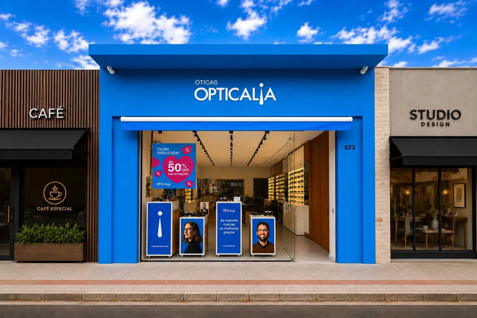 Loja Opticalia de rua, fachada azul